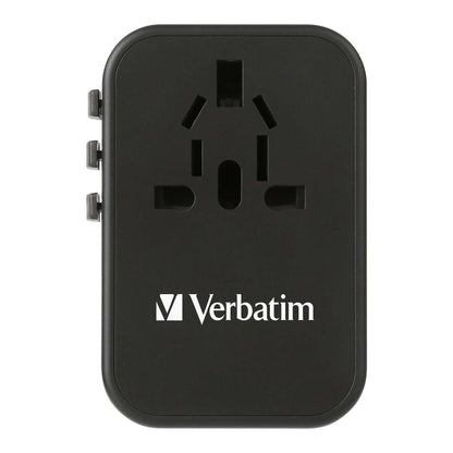 Verbatim 3 Port 65W PD 3.0 & QC 3.0 GaN Universal Travel Adaptor in black with international plug options.