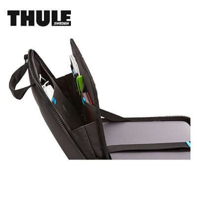 Thule Gauntlet Macbook Pro Attache Laptop Bag showing internal pockets for accessories and clamshell design.