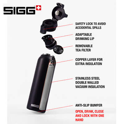 SIGG Hot & Cold One 500ml Thermo Flask features safety lock, stainless steel, double walled insulation, and removable tea filter.