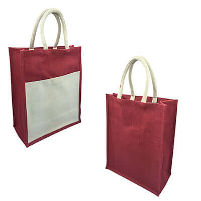 Eco Friendly Jute Tote Bag with Canvas Pocket in red with white canvas pocket design.
