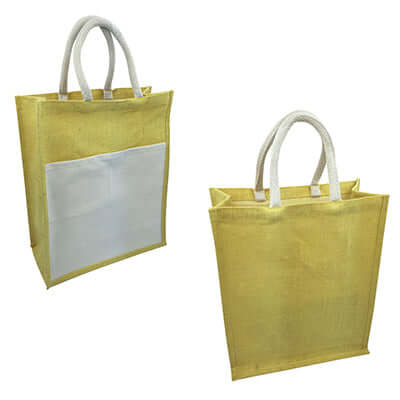 Eco Friendly Jute Tote Bag with Canvas Pocket, yellow jute material with canvas pocket, stylish and sustainable.