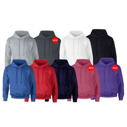 Gildan Adult Pull Over Hoodie collection in various colors including grey, white, black, red, blue, and purple.