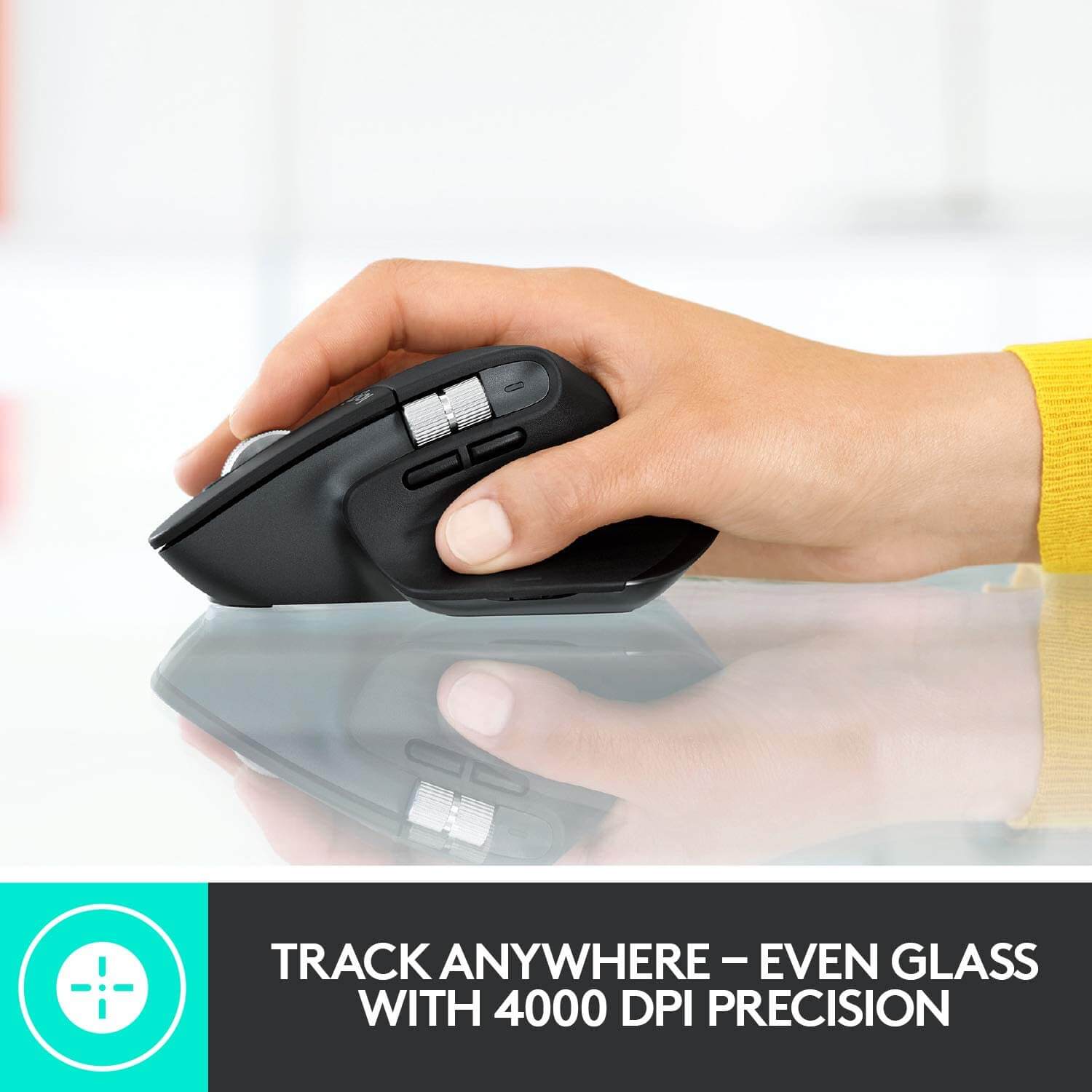 Logitech MX Master 3 Advanced Wireless Mouse featuring 4000 DPI precision tracking, even on glass.