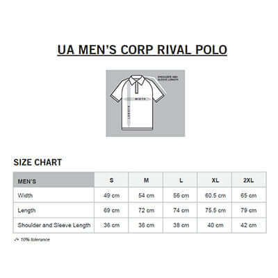 Size chart for Under Armour Corp Rival Polo Shirt, displaying measurements for men's sizes.