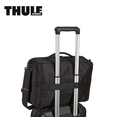 Thule 15.6'' 2-in-1 Laptop Backpack attached to a wheeled suitcase for travel convenience.