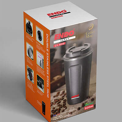 ENDO 500ML Double Stainless Steel Thermal Coffee Mug packaging showcasing features and design.