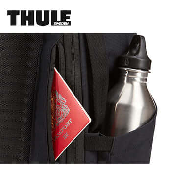 Thule Paramount Backpack 27L pocket with passport and stainless steel water bottle