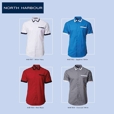 North Harbour Smart Racewear Shirt collection featuring white/navy, sapphire/white, red/black, and charcoal/white styles.