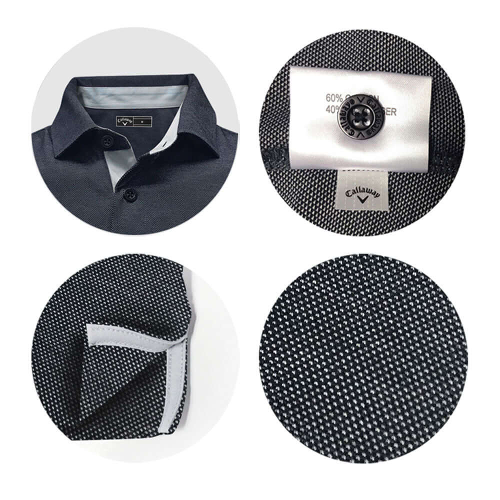Callaway Oxford Pique Polo Shirt collar, button detail, fabric texture, lightweight blend of cotton and polyester.