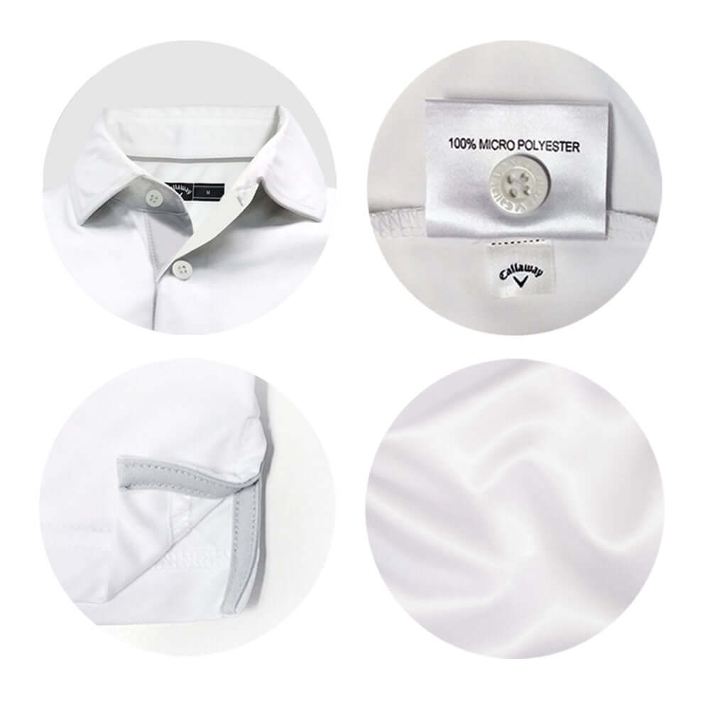 Callaway Interlock Polo Shirt features including collar, button detail, and fabric texture showcasing 100% MICRO POLYESTER.