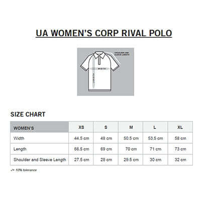 Size chart for Under Armour Corp Rival Polo Shirt, detailing women's sizes XS to XL with measurements in centimeters.