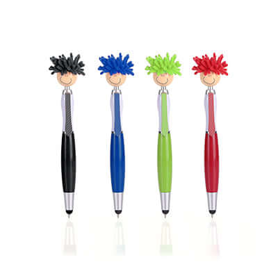 Screen Cleaner Stylus Pen in four colors with playful smiley design and microfiber hair for cleaning screens.