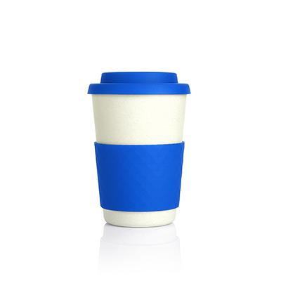 Bamboo Fibre Cup with blue silicone cover and sleeve, perfect for eco-friendly corporate gifts.