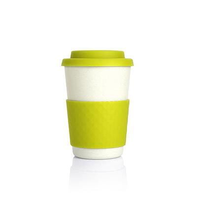 Bamboo Fibre Cup with green silicone cover and sleeve, eco-friendly alternative to plastic, perfect corporate gift.