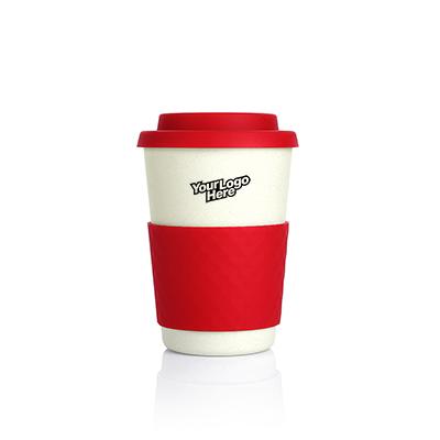 Bamboo Fibre Cup with red silicone sleeve, perfect for corporate gift and eco-friendly beverage.