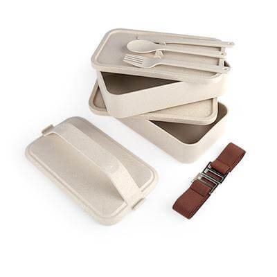 Husk Fiber 2 Tier Lunch Box, eco-friendly design with cutlery, perfect for corporate gift.