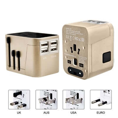 4 USB Hub Travel Adaptor with multiple plug types for charging devices on the go, perfect for travel and corporate gifts.