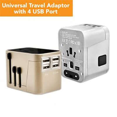 4 USB Hub Travel Adaptor with two devices shown, highlighting its travel-friendly design and charging capability.