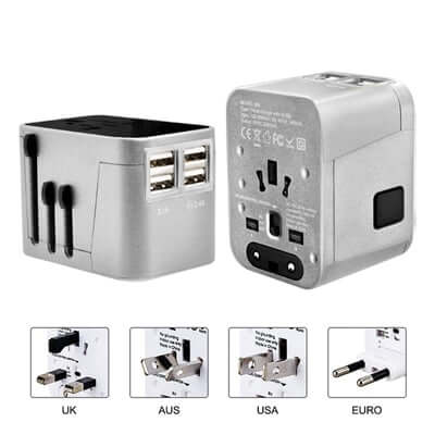 4 USB Hub Travel Adaptor featuring multiple charging ports and worldwide plug types for convenient travel.