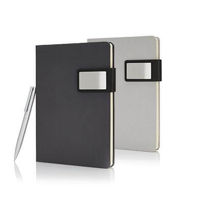 Hard Cover Notebook with Pen Gift Set featuring a black and grey notebook with a pen, ideal for corporate gifts in Singapore.