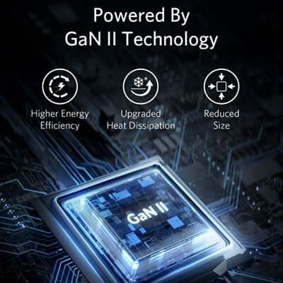Anker PowerPort III 3-Port 65W powered by GaN II technology for higher energy efficiency and reduced size.