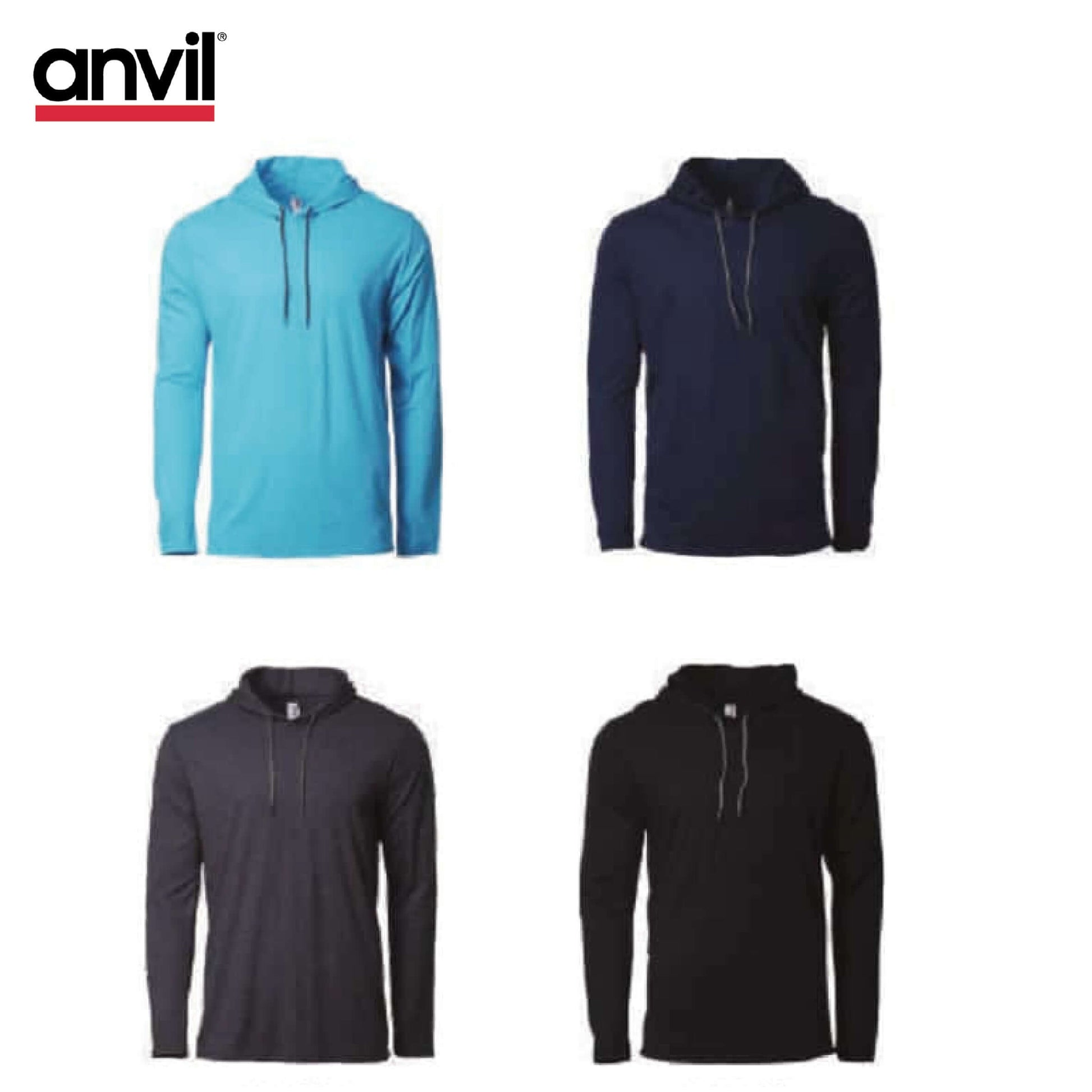 Anvil 987 Hooded Long Sleeve T-Shirt in four colors: turquoise, navy, charcoal, and black.