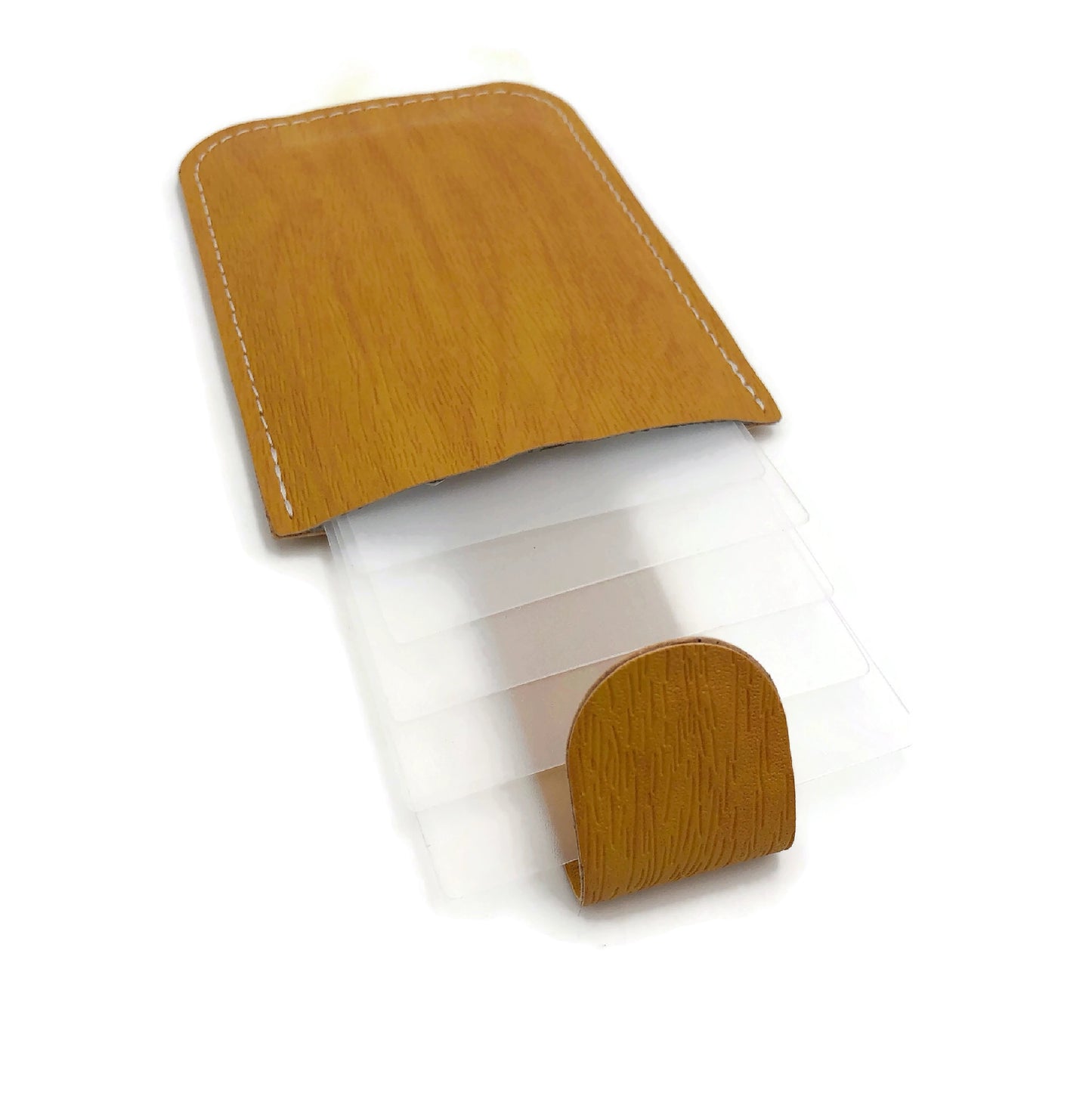 Slim Folding Card Holder with wooden finish and transparent card slots, perfect for organizing cards.