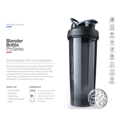 BlenderBottle Pro™ Series Shaker Bottle with stainless steel BlenderBall for mixing protein shakes and smoothies.