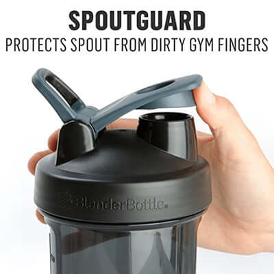 Close-up of BlenderBottle Pro™ Series Shaker Bottle spout guard protecting spout from dirt.
