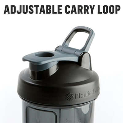 BlenderBottle Pro™ Series Shaker Bottle with adjustable carry loop for easy transport.