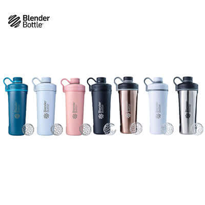 Various colors of BlenderBottle Radian™ Insulated Stainless Steel Shaker Bottle showcased with BlenderBall Whisk.
