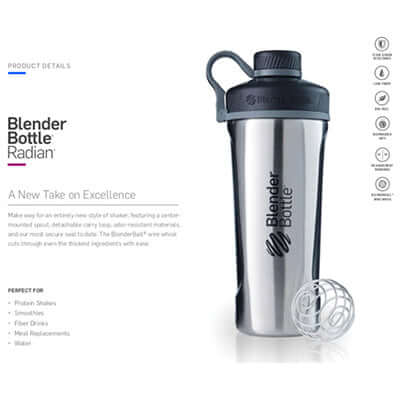 BlenderBottle Radian™ Insulated Stainless Steel Shaker Bottle with BlenderBall whisk for mixing smoothies and supplements.
