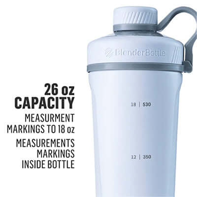 BlenderBottle Radian™ Insulated Stainless Steel Shaker Bottle showing 26 oz capacity and measurement markings.
