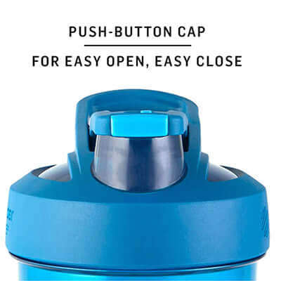 Push-button cap for easy open and easy close on BlenderBottle Strada™ Tritan Shaker Bottle