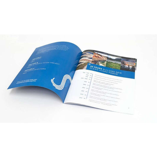 Booklet showing clean energy information and images, ideal as a corporate gift for eco-conscious clients.