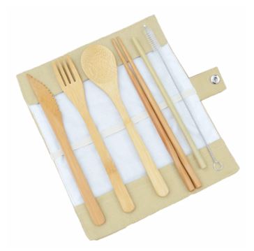 Eco-friendly 6 Pieces Bamboo Cutlery Set displayed in a portable travel pouch for sustainable dining.