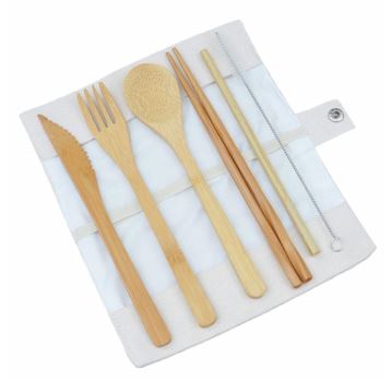 Eco-friendly 6 Pieces Bamboo Cutlery Set with knife, spoon, fork, chopsticks, straw, and cleaner in travel pouch