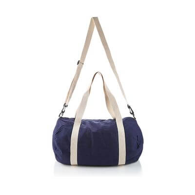 Cotton Barrel Duffel in navy color with cream handles, ideal for travel and gym, can be a great corporate gift.