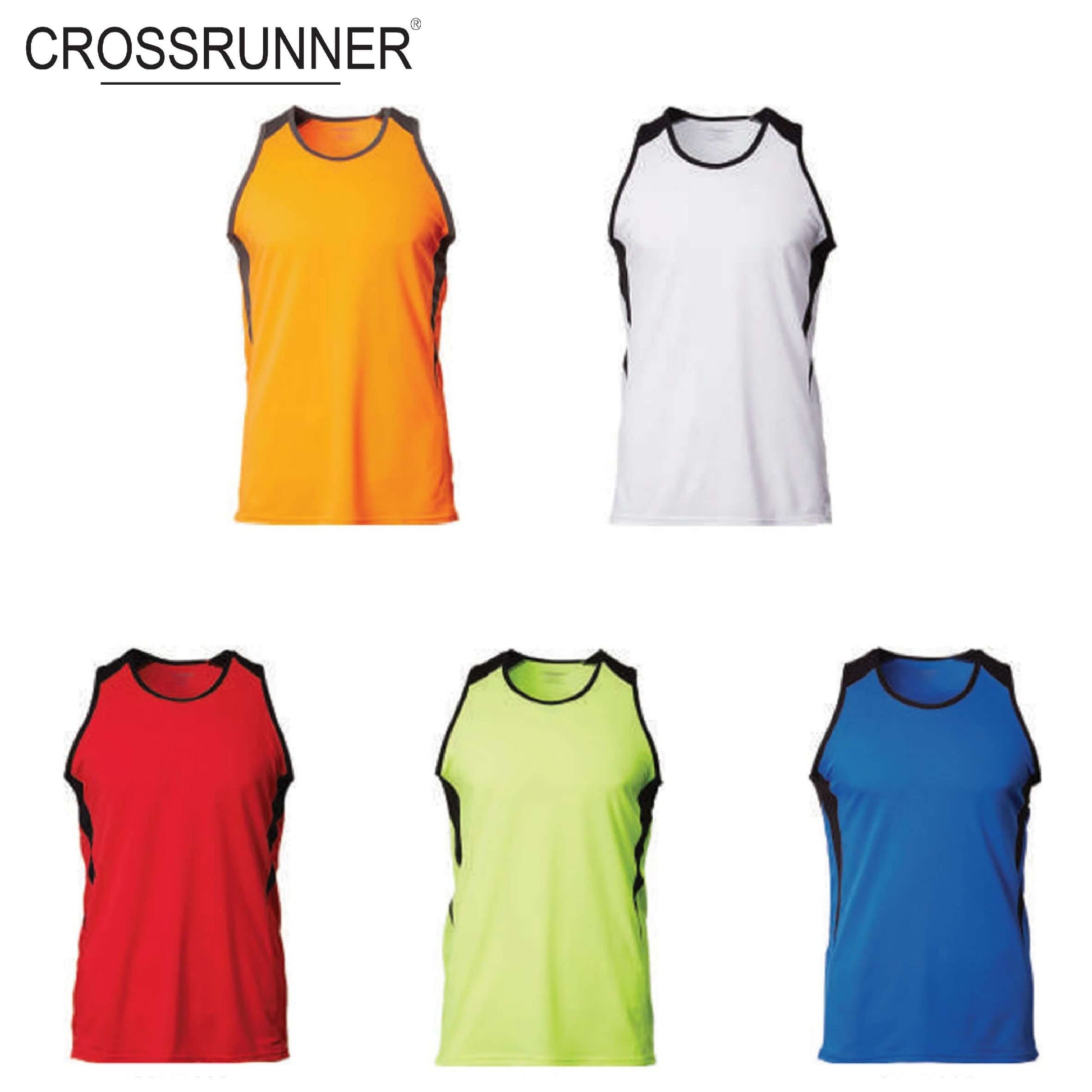 CrossRunner Unisex Dry Pique Flex Singlet in multiple colors - red, orange, white, yellow, blue.