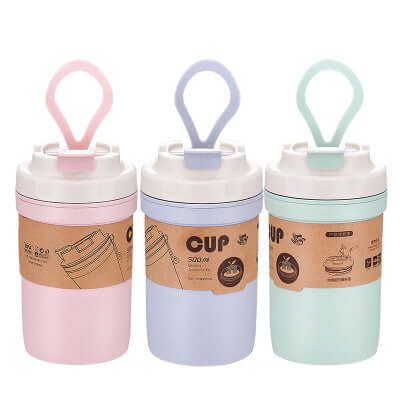 Eco Friendly Portable Bamboo Fiber Coffee Mug in pastel colors with lids and handles for convenience.