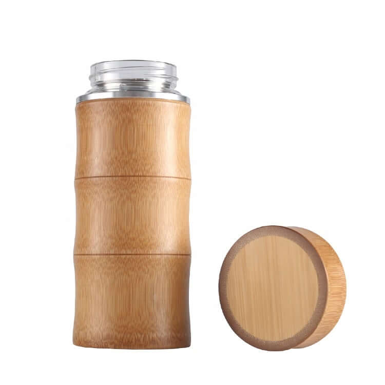 450ml Bamboo Glass Thermal Bottle with natural bamboo exterior and lid, ideal for eco-friendly hydration.