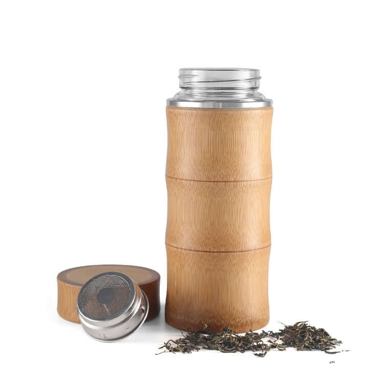 450ml Bamboo Glass Thermal Bottle with tea strainer and bamboo exterior for eco-friendly hydration.