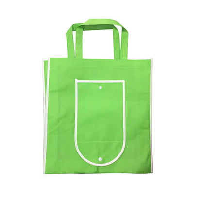 Foldable Non-Woven Bag (37.5cm x 35cm x 8.5cm) in green color with white trim and pocket.