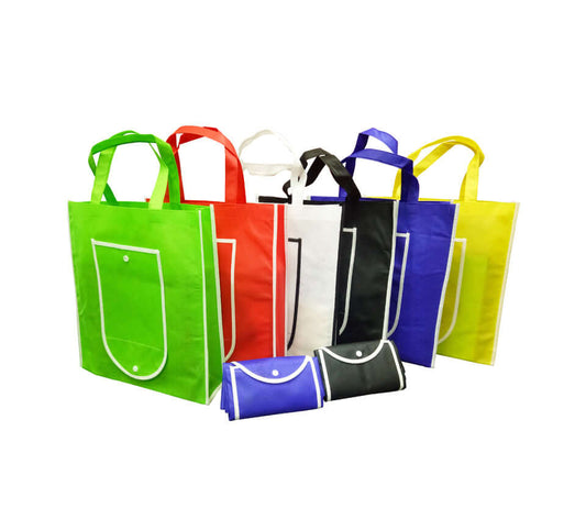 Foldable Non-Woven Bag (37.5cm x 35cm x 8.5cm) in various colors including green, red, yellow, black, and white.