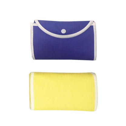 Foldable Non-Woven Bag (37.5cm x 35cm x 8.5cm) in purple and yellow colors, ideal for corporate gifts.