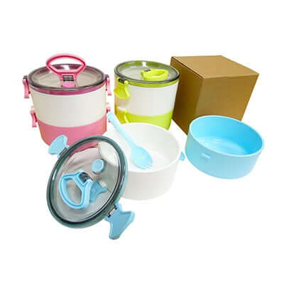2-Tier Lunch Box with 2-in-1 fork & spoon in vibrant colors, ideal for corporate gifts.