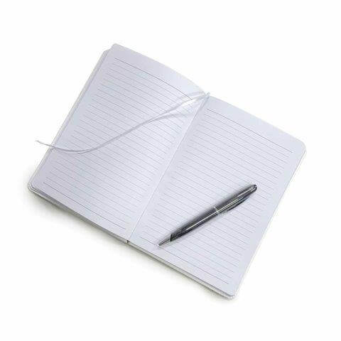 A5 PU Notebook with black box packaging open showing lined pages and a pen on top.