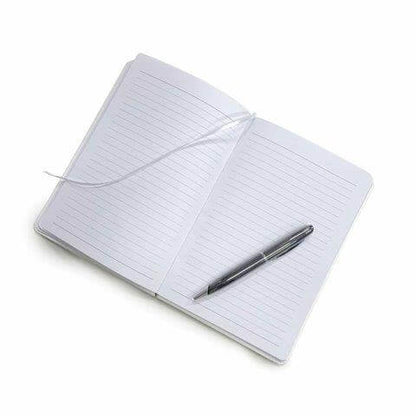 A5 PU Notebook with black box packaging open showing lined pages and a pen on top.
