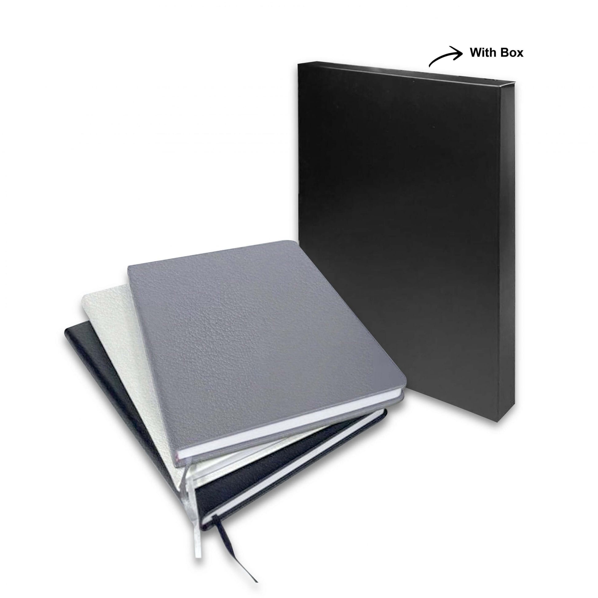 A5 PU Notebook with black box packaging featuring grey, white, and black colors, perfect as a corporate gift.