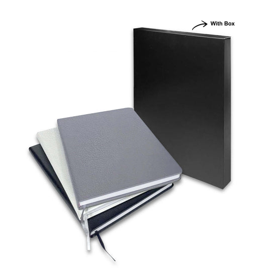 A5 PU Notebook with black box packaging featuring grey, white, and black colors, perfect as a corporate gift.